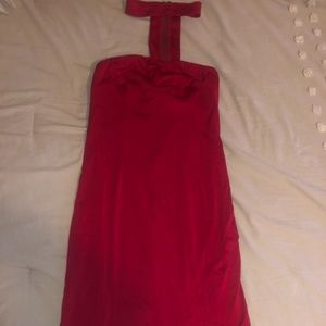 High neck asymmetrical red fitted dress